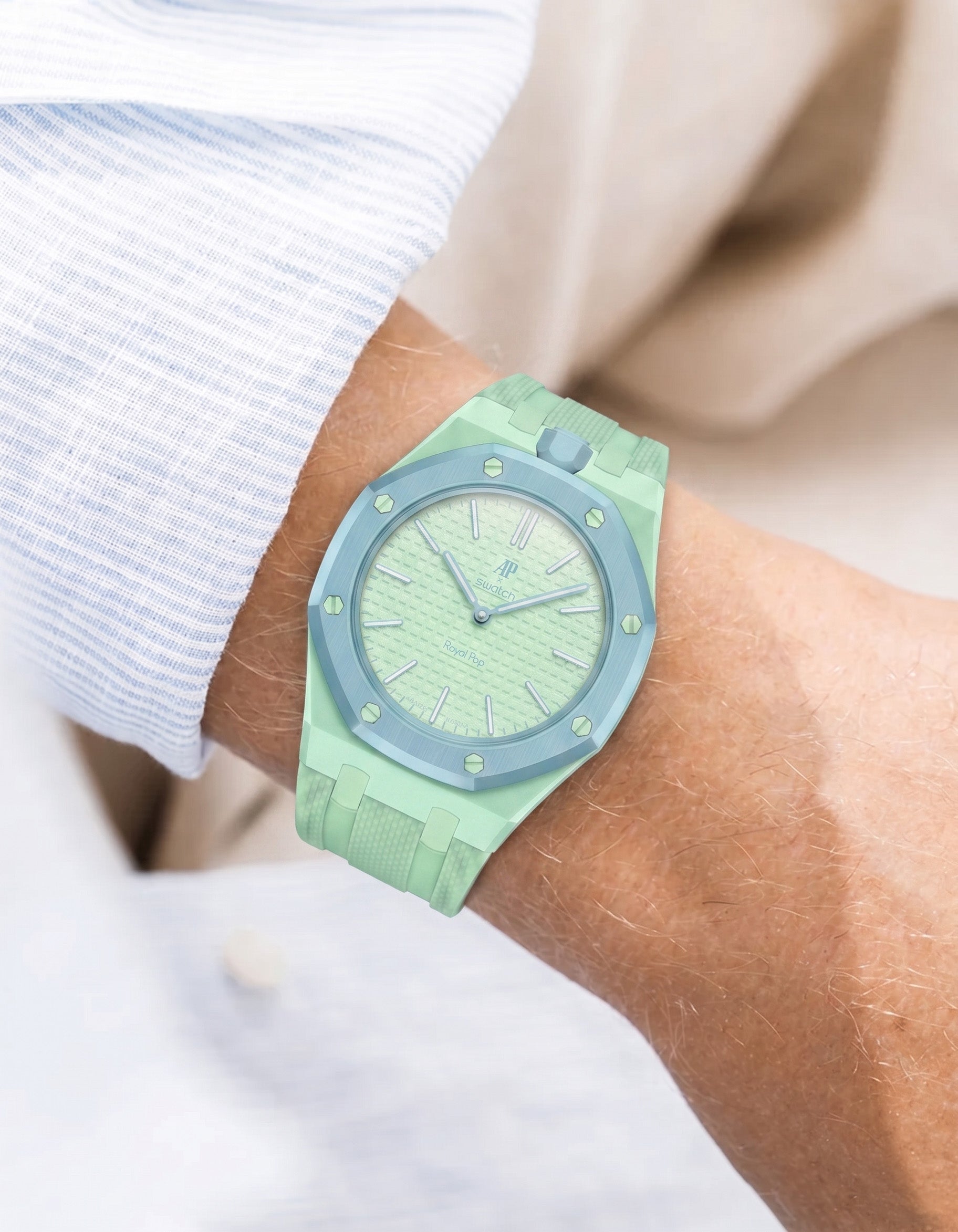 Front view of Blaue Acht rubber strap for AP x Swatch Royal Pop watch