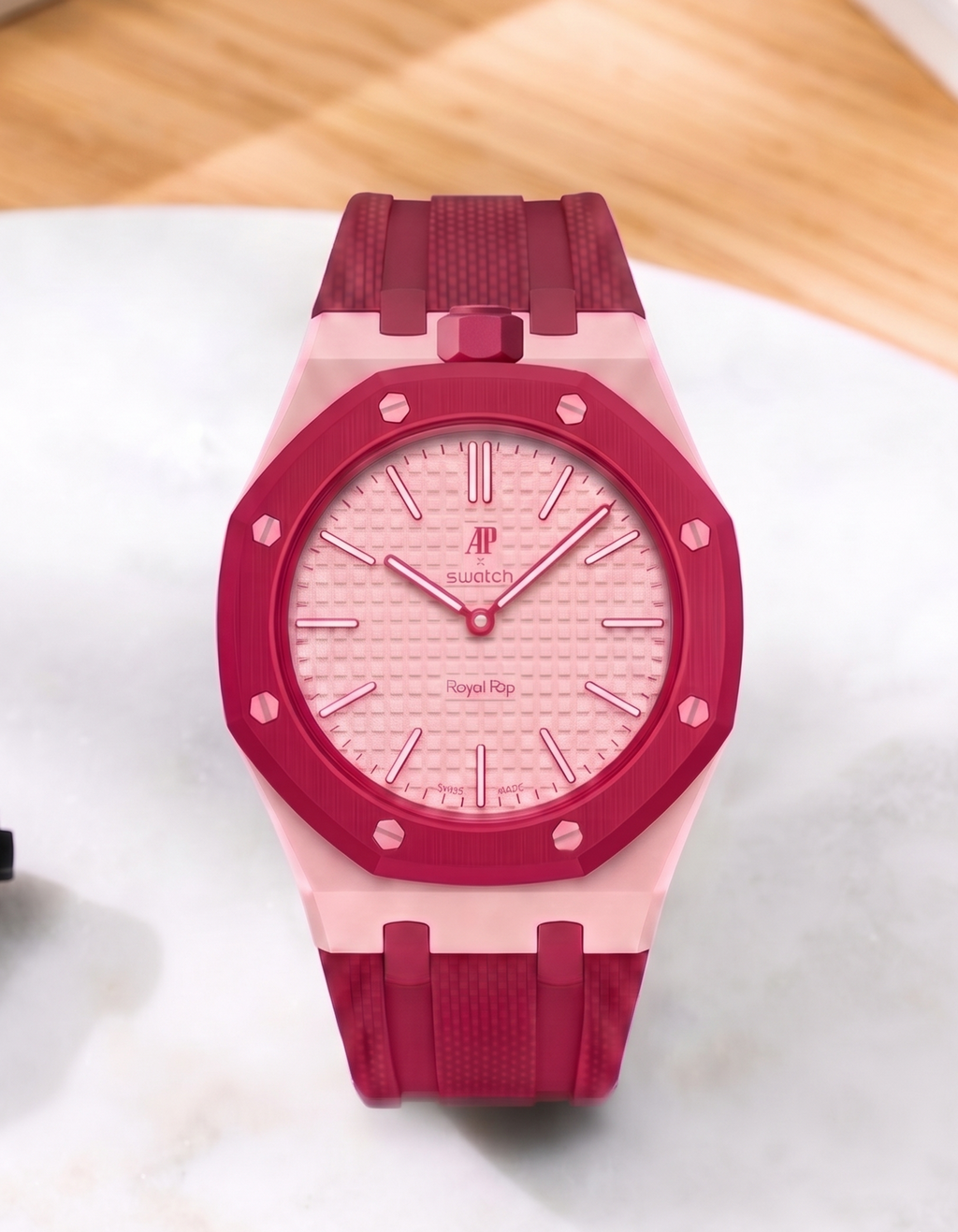 Front view of Otto Rosso rubber strap for AP x Swatch Royal Pop watch