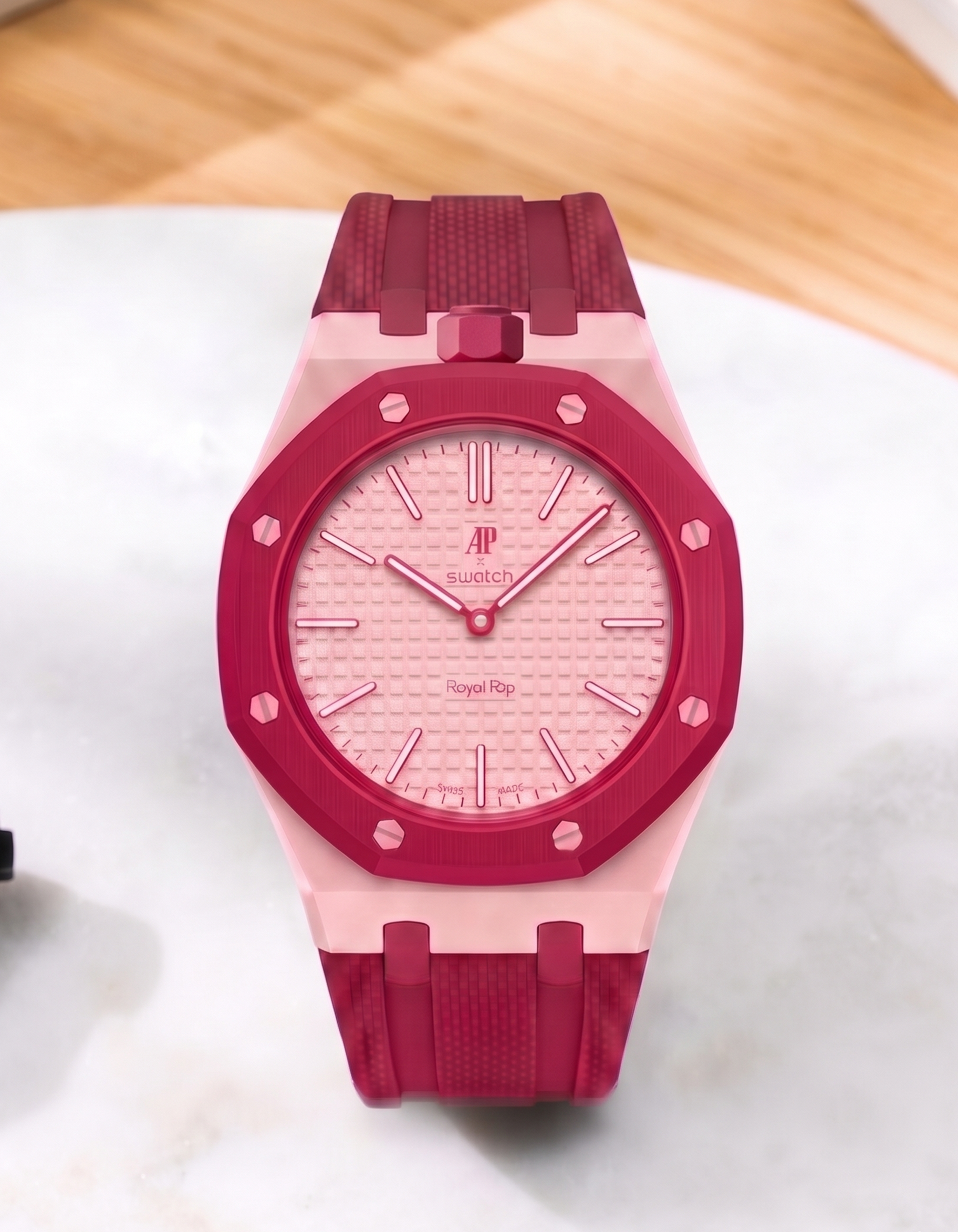 Front view of Otto Rosso rubber strap for AP x Swatch Royal Pop watch